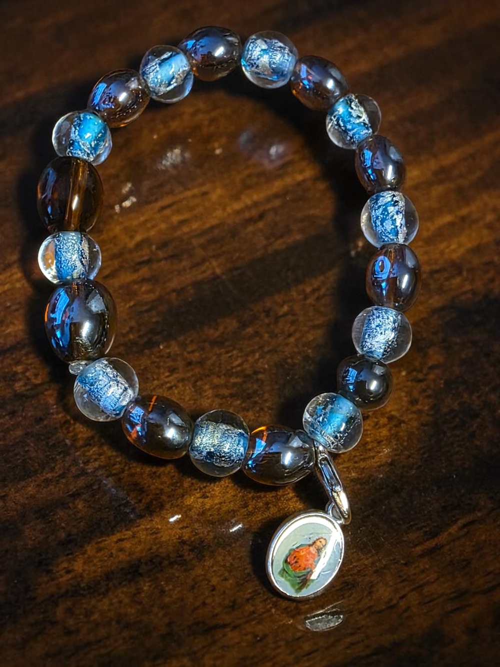 Religious Glass Bead Stretch Bracelet with Jesus Icon Charm
